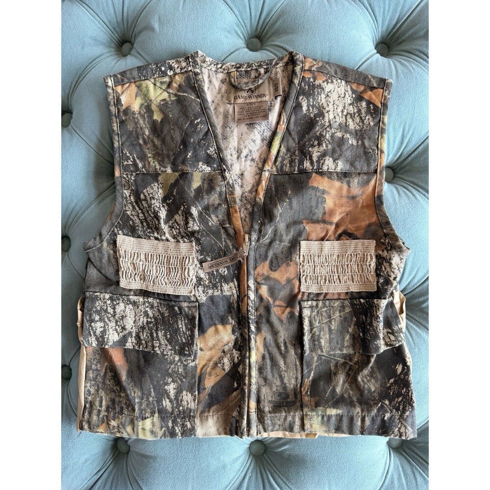 Vintage Game Winner Vest Mens Canvas Hunting Mossy Oak Utility Outdoors Sz XS